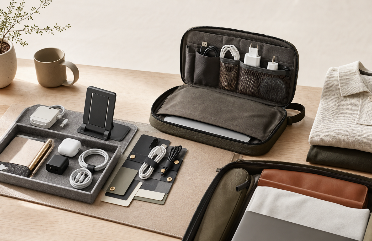 Desk and travel organization kit arranged on a neutral workspace